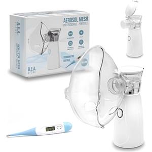 B.E.A. Store Aerosol Portatile Silezioso Mesh Ultrasuoni Adulti Bambini Usb-C Ricaricabile 2 velocità Termometro Digitale Apparecchio macchina Aerosol Nebulizzatore Lavaggio Nasale 2 Maschere un Boccaglio