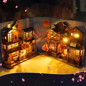 YANGUN Kit per libri fai da te, puzzle 3D in legno, casa con luci a LED e mobili, casa delle bambole in miniatura, kit per modellini da costruire (vicolo di ciliegio)