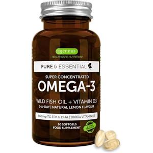 Igennus Healthcare Nutrition Omega 3 e Vitamina D3 1000ui, Ifos Certificato 5 Stelle, Olio di Pesce rTG Omega-3 440 mg EPA e 220 mg DHA in Forma Trigliceride, 1 al Giorno, 60 Capsule, Ultra Puro e di Alto Assorbimento - Igennus