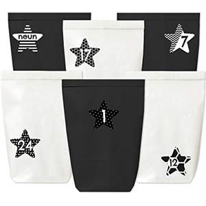 PaPIerDraCHeN Calendario dell'Avvento da riempire - 24 Sacchetti di Carta in Bianco e Nero e 24 Numeri Adesivi (Stelle Bianche e Nere) - da Fare e riempire da Soli - Mini Set 40 - Natale 2021