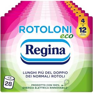 Regina Rotoloni Eco - 28 Maxi Rotoli di Carta Igienica, 500 Fogli a 2 Veli, Lunghi Più del Doppio dei Normali Rotoli, Confezione in Carta Riciclabile, Carta 100% Certificata FSC