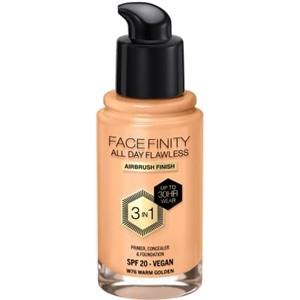 Max Factor Fondotinta Facefinity All Day Flawless - Correttore, Fondotinta liquido e primer viso 3-in-1, Formula vegan, Copertura modulabile, Tenuta fino a 30 ore, SPF20 - W76 Warm Golden, 30 ml