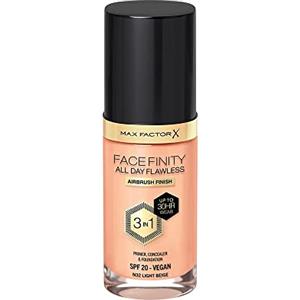Max Factor Fondotinta Facefinity All Day Flawless - Correttore, Fondotinta liquido e primer viso 3-in-1, Formula vegan, Copertura modulabile, Tenuta fino a 30 ore, SPF20 - N32 Light Beige, 30 ml