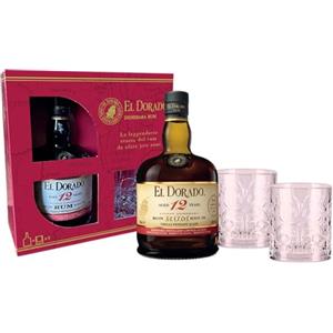 El Dorado, Rum 12 Years Old, 700 ml, Confezione Regalo con 2 Bicchieri, Aroma di Frutta Secca, Miele, Caramello, Note Legnose e Speziate, Invecchiato 12 anni in Guyana in Botti exBourbon, 40% Vol.