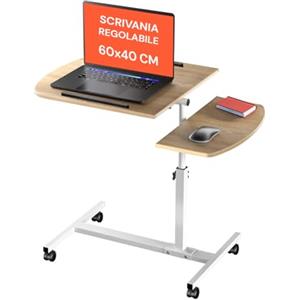 Avilia Scrivania Mobile Regolabile in Altezza con Ripiano 60x40cm - Soluzione Pratica per Ufficio e Casa - Integrata di 4 Ruote di cui 2 con i Freni - Robusta e Stabile - Funzionale ed Estetica