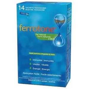 Schwabe Pharma Ferrotone - Integratore Alimentare al Gusto di Mela con Ferro e Vitamina C, 14 Bustine