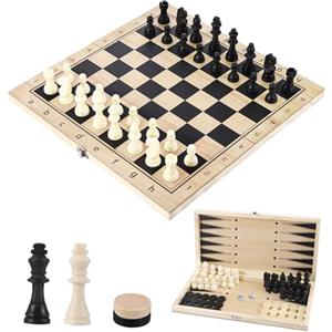 Rubessia Scacchiera in Legno 3 in 1 Pieghevole, Scacchi Portatili, Backgammon e Dama per Bambini e Adulti, Ideale per Feste, Viaggio e Attività Familiari (29 x 29 cm)