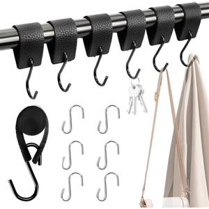 Hossom 6 Pezzi Ganci a S Multifunzione in Pelle, Gancio a S in Pelle, Ganci Pesanti Gancio Appendiabiti Multifunzionali in Acciaio Inox (Nero/Argento) per Cucina Bagno Camera da Letto Ufficio Giardino