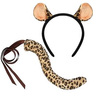 XEPST animale leopardo Costume Set, Orecchie di leopardo e la coda Set con leopardo fascia e la coda per animale Costume Cosplay di compleanno di Halloween Fancy Dress del partito, Marrone