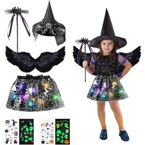TZQFROCE - Costume da strega per bambine, Halloween, con luci, costume da pipistrello con cappello da strega, nero, volo angelico