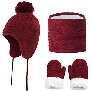 JFAN Cappello Inverno Bambino Bambini Cappello a Maglia Berretto con Pompon Cappello con Sciarpa Guanti Cappello Caldo Set 3 Pezzi-Rosso S