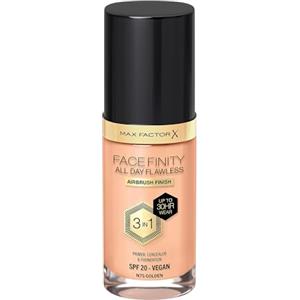 Max Factor Fondotinta Facefinity All Day Flawless - Correttore, Fondotinta liquido e primer viso 3-in-1, Formula vegan, Copertura modulabile, Tenuta fino a 30 ore, SPF20 - N75 Golden, 30 ml