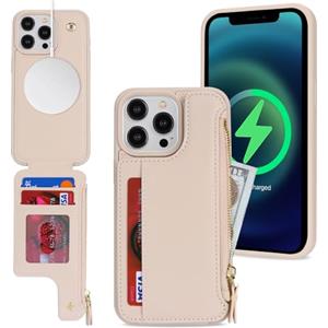 SailorTech Custodia per iPhone 15 Pro Custodia in Pelle con porta carte di credito mag safe, iPhone 15 Pro Custodia con slot per carte di credito Portafoglio Zipper per donna-Beige