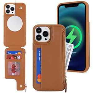 SailorTech Custodia per iPhone 14 Pro Max Custodia in Pelle con porta carte di credito mag safe, iPhone 14 Pro Max Custodia con slot per carte di credito Portafoglio Zipper per donna-Marrone