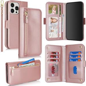 SailorTech per iPhone 12 Pro Max Custodia per telefono con porta carte di credito per donna, iPhone 12 Pro Max Custodia Portafoglio Zipper con slot per carte di credito per uomo-Oro Rosa