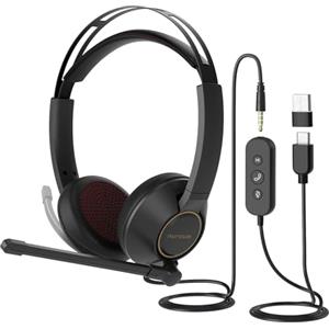 Nuroum HP11-DU Cuffie Cablate - Cuffie Dual-Ear (Stereo) con Microfono/Controllo in Linea, Connessione a PC/Mac/Mobile tramite USB A/Tipo C/3,5 mm, Compatibile con Zoom/Teams per Chiamate/Conferenze