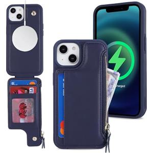 SailorTech Custodia per iPhone 13 Custodia in Pelle con porta carte di credito mag safe, iPhone 13 Custodia con slot per carte di credito Portafoglio Zipper per donna-Blu