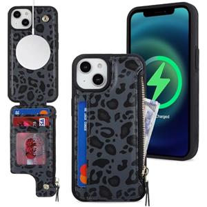 SailorTech Custodia per iPhone 14 Plus Custodia in Pelle con porta carte di credito mag safe, iPhone 14 Plus Custodia con slot per carte di credito Portafoglio Zipper per donna-Leopardo Nero