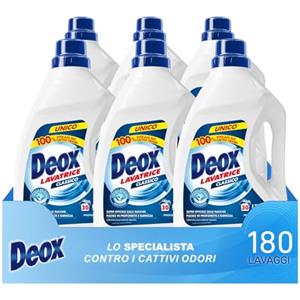 Deox - Detersivo Lavatrice Liquido Classico, 180 Lavaggi, Smacchia e Igienizza, con Formula Antiodore, 1500ml x 6 Confezioni