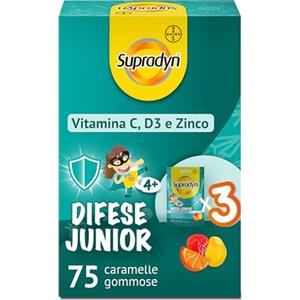 Supradyn Difese Junior Integratore Difese Immunitarie Multivitaminico Vitamine Gommose con Vitamina C, Vitamina D e Zinco per le Difese Immunitarie dei Bambini, 75 Caramelle Gommose