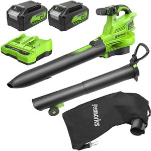 Greenworks 48V(24V x 2) Aspirafoglie Soffiatore a Batteria con Tracolla, Motore Brushless, 386km/h, 14.73m³/min, Sacco di Raccolta 45L, due 4Ah Batterie, e Caricabatterie, Garanzia 3 Anni BL48L421-01