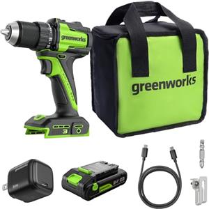 Greenworks 24V Trapano Avvitatore a Batteria 45Nm Brushless Trapano Avvitatore Batteria, luce di lavoro a LED, frizione 18 + 1, batteria USB-C 2.0Ah (12.000mAh), caricabatteria USB-C da 30W DD345