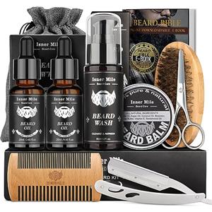 Comfy Mate Kit Barba per Uomo, Tutto in 1 Set Cura Barba, Cofanetto Regalo Uomo Compleanno Valentino, Idee Regalo Natale con Olio Barba, Balsamo - Pennello - Shampoo - Pettine - Rasoio e Scissors, Cere per baffi