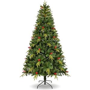 Uten Artificiale Albero di Natale 225 cm, Realistica PE Albero Decorazione Interna, 1150 Punte PVC e PE Aspetto Naturale Rami, 37 Gruppo Bacche Rosse, Ramo Cerniera, Riutilizzabile