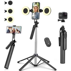 YUANRAN Treppiede per selfie stick con 2 luci di riempimento, in metallo con telecomando rimovibile, 180 cm treppiede per smartphone compatibile con iPhone & Android Smartphone