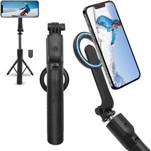LIDOUYA Treppiede magnetico per selfie stick con telecomando per smartphone estraibile, compatibile con iOS, Android e Huawei, con due anelli magnetici