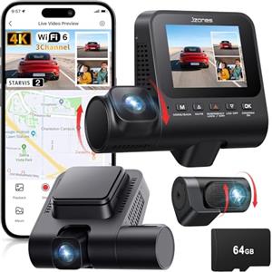 Jzones 3 Canale Dashcam Auto 4K, Visione Notturna STARVIS 2 e HDR con Dash cam Anteriore, Posteriore e Interna, Registrazione Loop, Parcheggio Sorvegliato 24H, Sensore G, WiFi 6, GPS e Scheda SD 64GB Inclusa