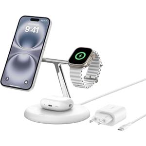 Belkin Supporto di Ricarica Wireless Magnetica 3 in 1 con Qi2 15W, Compatibile con MagSafe, Caricatore rapido per iPhone 17, Air, Pixelsnap, AirPods, Apple Watch (alimentatore incluso) - Bianco