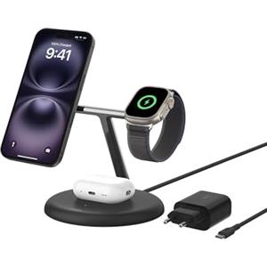 Belkin Supporto di Ricarica Wireless Magnetica 3 in 1 con Qi2 15W, Compatibile con MagSafe, Caricatore rapido per iPhone 17, Air, Pixelsnap, AirPods, Apple Watch e altri (alimentatore incluso) - Nero