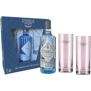 Citadelle, Gin Original Dry, 700ml, Confezione Regalo con 2 tumbler alti, Artigianale Francese distillato Fiamma Viva, Gin Tonic Premium, Note Floreali, Agrumate, Speziate, 19 Botaniche, 44% Vol.