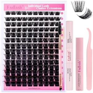 FADLASH Kit di Extension Ciglia a Ciuffetti da 200D, 140pcs Ciglia Finte Volume Russo da 0,07 D Curl Mix 8-16mm, Bond and Seal, Remover, Spazzola per Mascara, Pinzette per Lash Cluster Naturali