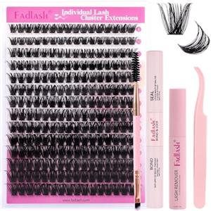 FADLASH Kit di Extension Ciglia da 100D, 224pcs Ciglia Finte Volume Russo da 0,07mm D Curl Mix 8-16mm, Bond e Seal, Rimuovi per Lash Cluster, Spazzola per Mascara, Pinzette per Lash Cluster