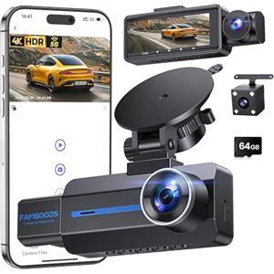 Famgoods Dash Cam Auto Fronte 4K, Retro, Interno, Dashcam Auto 360°, 3.16 schermo IPS, scheda gratuita 64GB, Dash Cam Senza Fili 5GHz WiFi, APP, Visione Notturna Super, Sensore G, Registrazione Loop