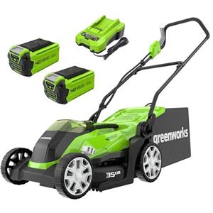 Greenworks 40V Tagliaerba a Batteria per Prati Fino a 400m², Ampiezza di Taglio 35cm, Sacca da 40L CON Due Batterie 40V 2Ah e 1 Caricabatterie, Garanzia 3 Anni-G40LM35K2X