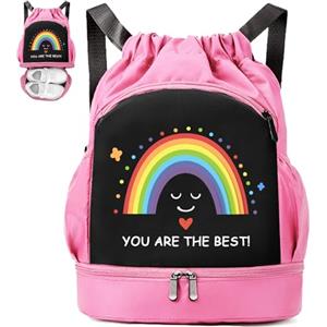 YOUYIKE Borsa da nuoto per bambini, motivo: calcio e arcobaleno, scomparto inferiore, zaino impermeabile, borsa sportiva con coulisse, borsa sportiva per ragazze e ragazzi, Rosa, 30x16x42 cm