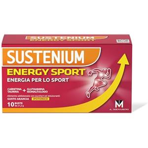 Sustenium Energy Sport, Energizzante per Sportivi con Taurina, Carnitina, Glutammina, Vitamina E, Vitamina C, Zinco e Sali Minerali. 10 Bustine al Gusto Arancia.