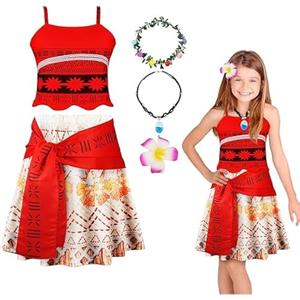 URAQT DiULi URAQT Costume Vaiana Bambini, Vaiana Travestimento con Collana, Corona di Fiori e Fermaglio per Capelli, Vaiana Bambina Principessa Costume per Compleanno Carnevale Cosplay(100CM)