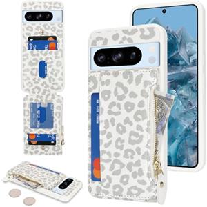 SailorTech per Google Pixel 8 Pro Custodia per telefono con porta carte di credito per uomo, Google Pixel 8 Pro Custodia con slot per carte di credito Portafoglio Zipper per donna-Leopardo Bianco
