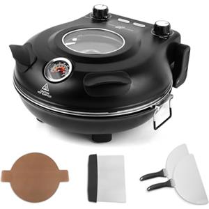 KLAIF Forno elettrico per pizza da banco con pietra in ceramica da 31 cm, due controlli di temperatura regolabili, inclusi 4 utensili per pizza, LMC-Nero