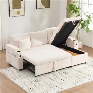 Luscriate Divano letto 3 posti con vano portaoggetti, L divano angolare con chaise longue idraulica e letto a cassetti, divano con USB-C e porta bevande, moderno divano in lino per soggiorno (beige-B