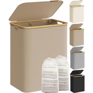SONGMICS Cesto Portabiancheria con Coperchio a 2 Scomparti, Cesta per Bucato, 130 L, Sacco Rimovibile, Tessuto Oxford, Manici di Bambù Pieghevole, 52 x 38,5 x 70,5 cm, Marrone Cammello LCB513LJ01