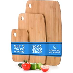 Avilia Set di 3 Taglieri in Bambù con Foro per Aggancio - Funzionali, Resistenti e con Design Naturale - Superficie Liscia Capace di Resistere agli Odori e Facile da Pulire - Ideali anche come Vassoi