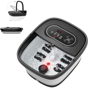 Snailax Pediluvio pieghevole con massaggio e riscaldamento, pediluvio con ruote shiatsu, 14 livelli di riscaldamento, bolle, luce rossa, timer, pedana elettrica 35℃-48℃, massaggiatore per piedi