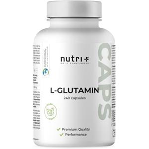 Nutri + L-Glutammina Capsule vegane + alto Dosaggio - 240 Mega Caps - 750 mg L-Glutamina pura in Capsula - Fitness & Bodybuilding - a Base vegetale - extra pura senza Additivi