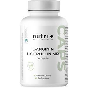 Nutri + Capsule Arginina Citrullina - 360 Capsule alto Dosaggio + vegane - 3000mg L-citrullina Malato + L-arginina Base - Bodybuilding - Qualità premium senza Magnesio Stearato o Additivi