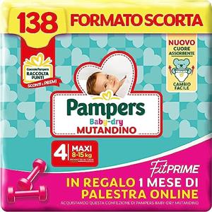 Pampers Baby Dry Mutandino & Fit Prime Maxi, Formato Scorta, 138 Pannolini, Taglia 4 (8-15 Kg), 1 mese di palestra online in Omaggio